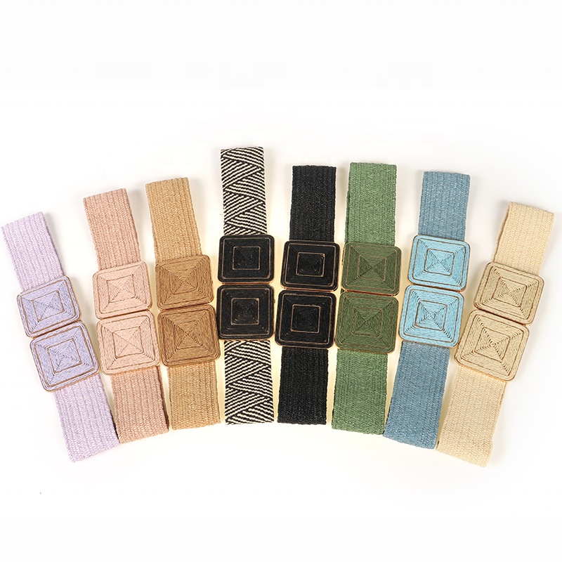 Wholesale Fashion Girls Woven Elastic Waist Belt Rattan Square Symmetrical Buckle Women's Pp Straw Braided Belts