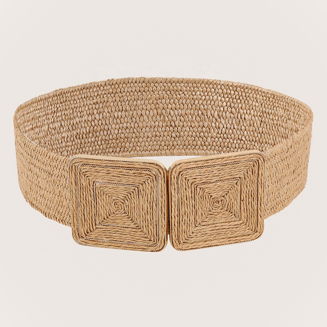 Wholesale Fashion Girls Woven Elastic Waist Belt Rattan Square Symmetrical Buckle Women's Pp Straw Braided Belts