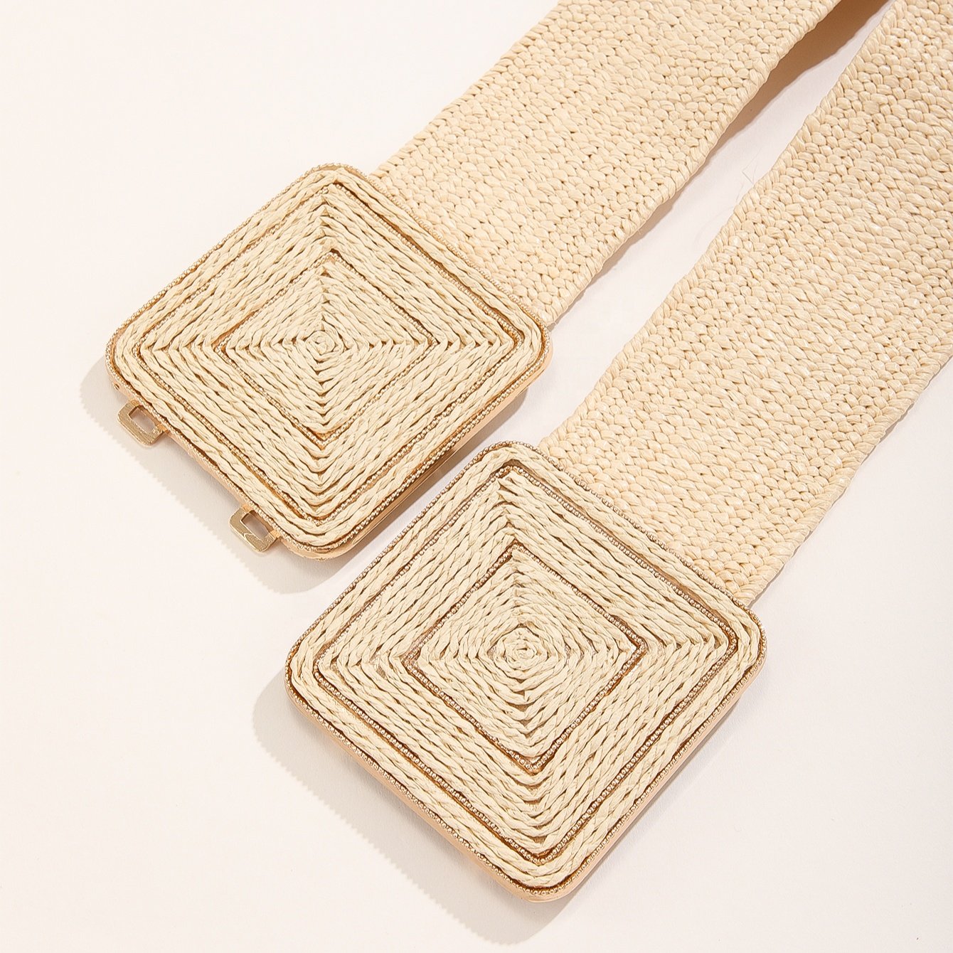 Wholesale Fashion Girls Woven Elastic Waist Belt Rattan Square Symmetrical Buckle Women's Pp Straw Braided Belts
