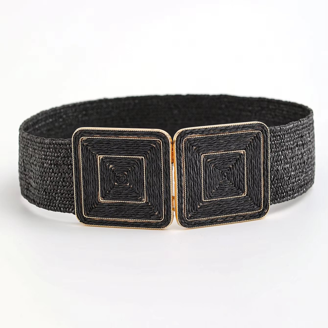 Wholesale Fashion Girls Woven Elastic Waist Belt Rattan Square Symmetrical Buckle Women's Pp Straw Braided Belts