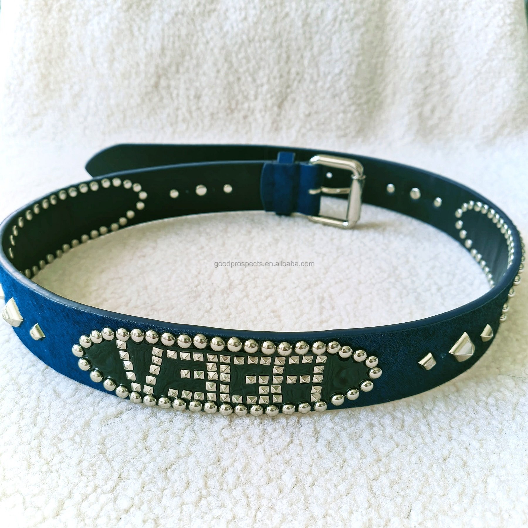 Fashion Design Rivet Studs and Horse Hair Belt Women's Jeans Belt Spikes belt Black Genuine Leather With Zinc Alloy Buckle