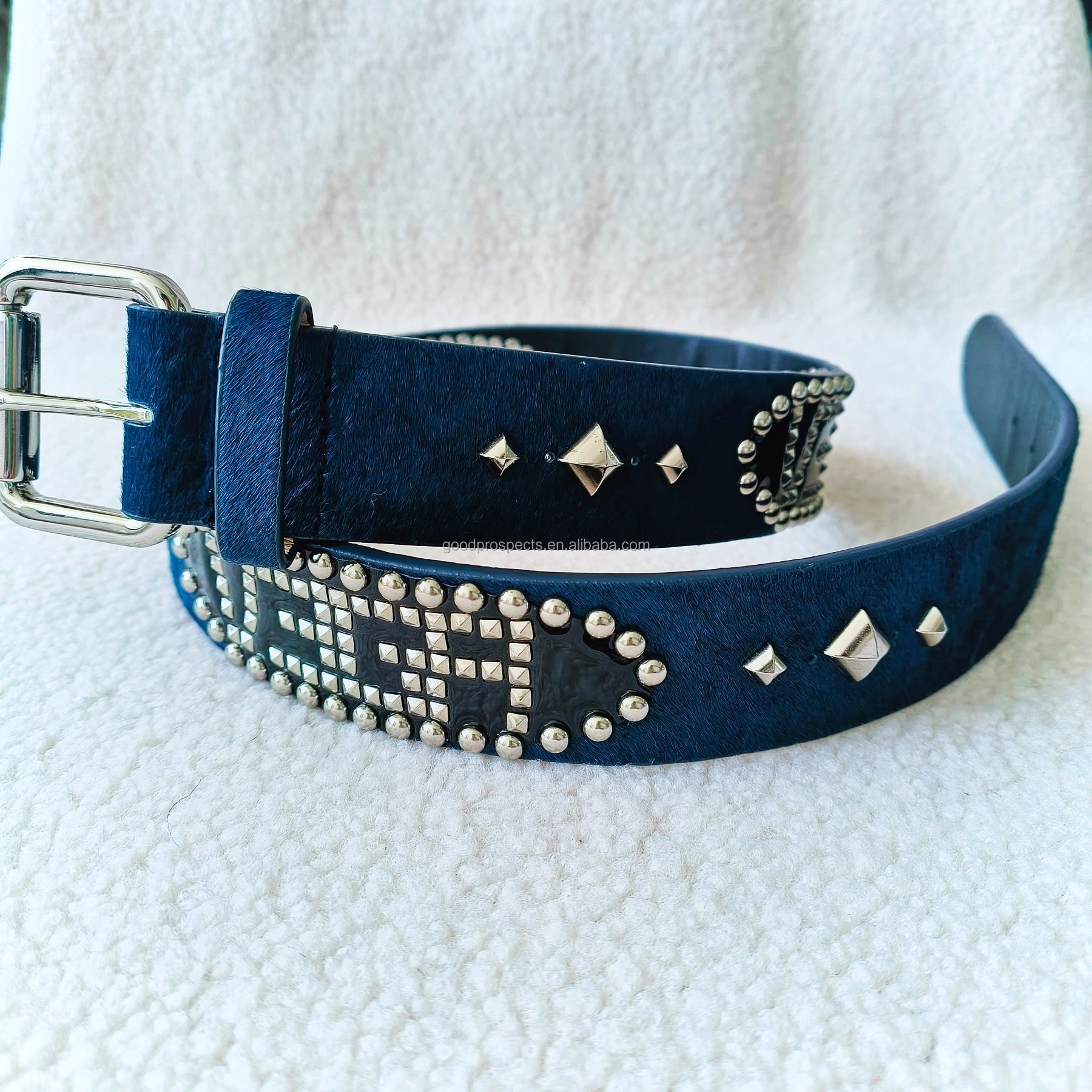 Fashion Design Rivet Studs and Horse Hair Belt Women's Jeans Belt Spikes belt Black Genuine Leather With Zinc Alloy Buckle
