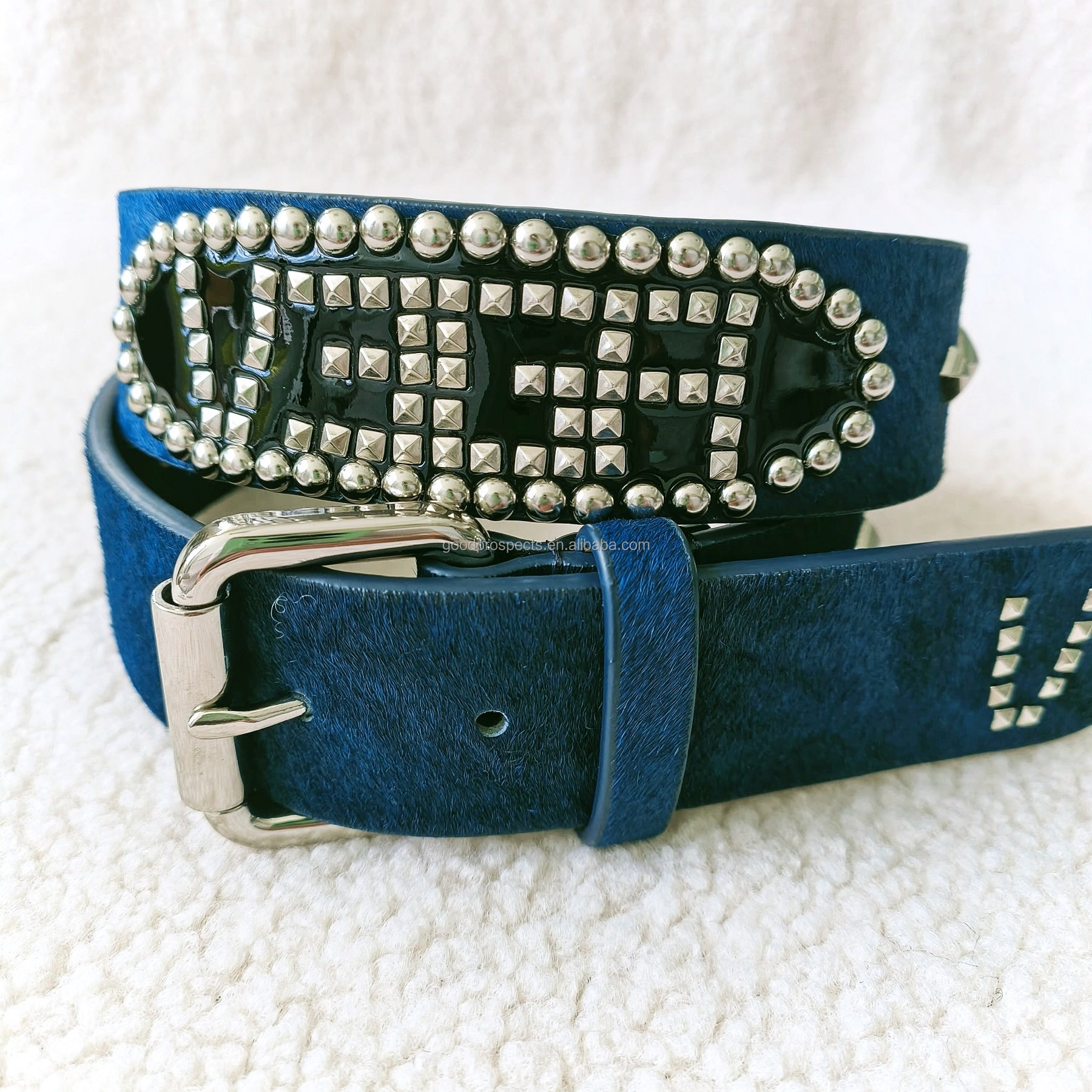 Fashion Design Rivet Studs and Horse Hair Belt Women's Jeans Belt Spikes belt Black Genuine Leather With Zinc Alloy Buckle