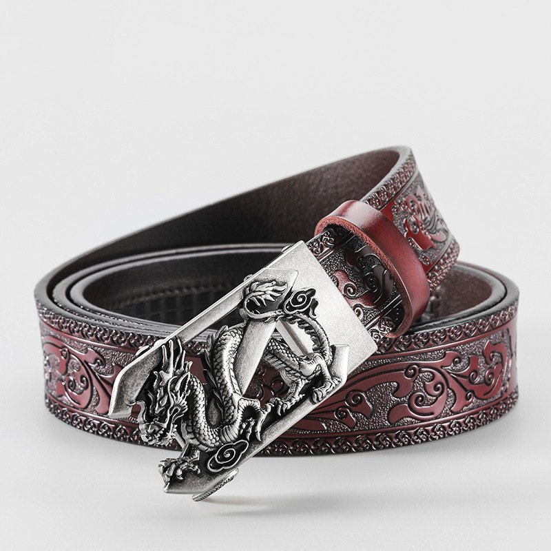 Men's genuine leather belt Vintage dragon automatic buckle belt, cowhide belt, simple fashion waistband