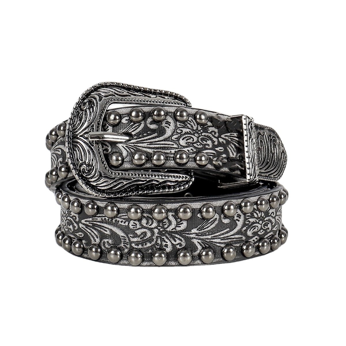 New Ladies Y2K Vintage PU Belt Spice Girls Embossed Black Belt with Riveted Pin Buckle Female Personality