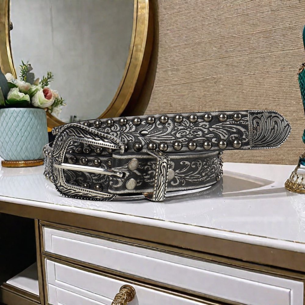 New Ladies Y2K Vintage PU Belt Spice Girls Embossed Black Belt with Riveted Pin Buckle Female Personality