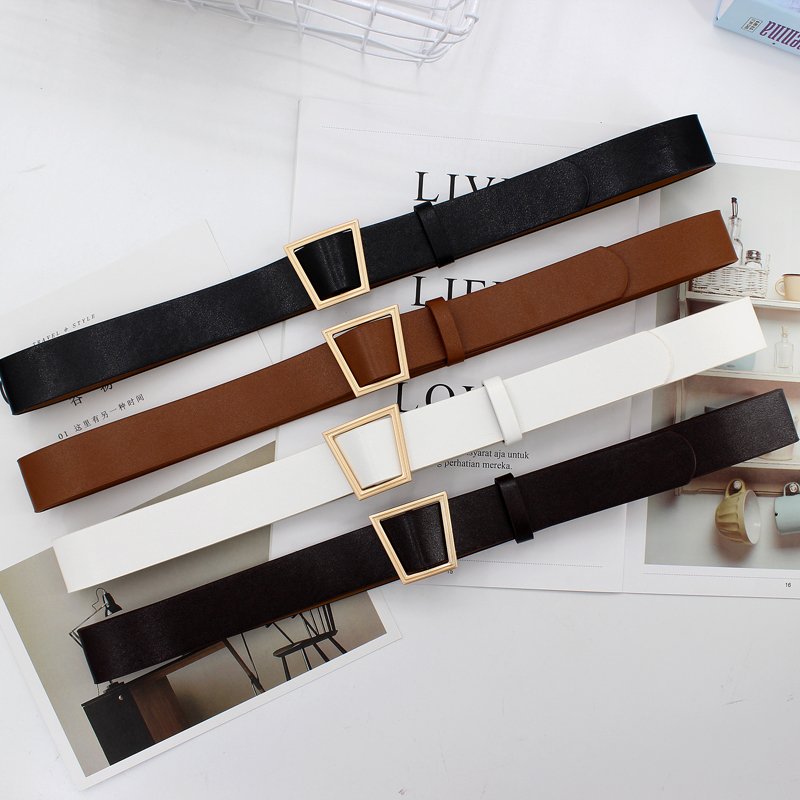Women PU Leather Wide Belt With Trapezoidal Buckle Student Retro Belt Women's Belts For Jeans Pants