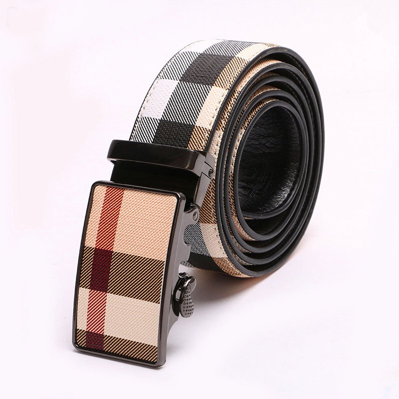 High Quality 115cm Classic Plaid Stripes Cowhide Belt Men's Alloy Automatic Buckle Belt Women Luxury Fashion Designer Belts