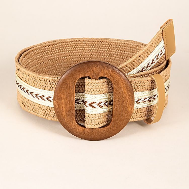 RW Hot Sale Personalized Blue Canvas Color Match Straw Belt Round Wooden Buckle Straw Braided Waist Dress Elastic Belt Woman