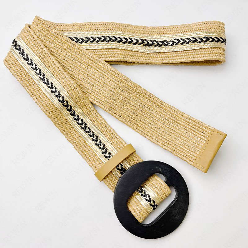 RW Hot Sale Personalized Blue Canvas Color Match Straw Belt Round Wooden Buckle Straw Braided Waist Dress Elastic Belt Woman