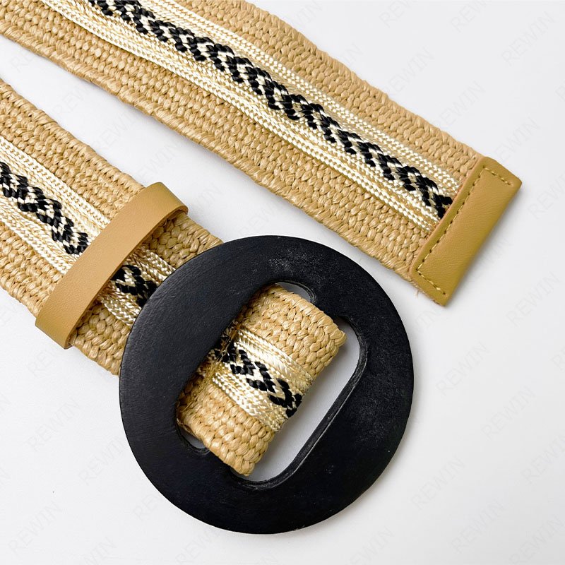 RW Hot Sale Personalized Blue Canvas Color Match Straw Belt Round Wooden Buckle Straw Braided Waist Dress Elastic Belt Woman