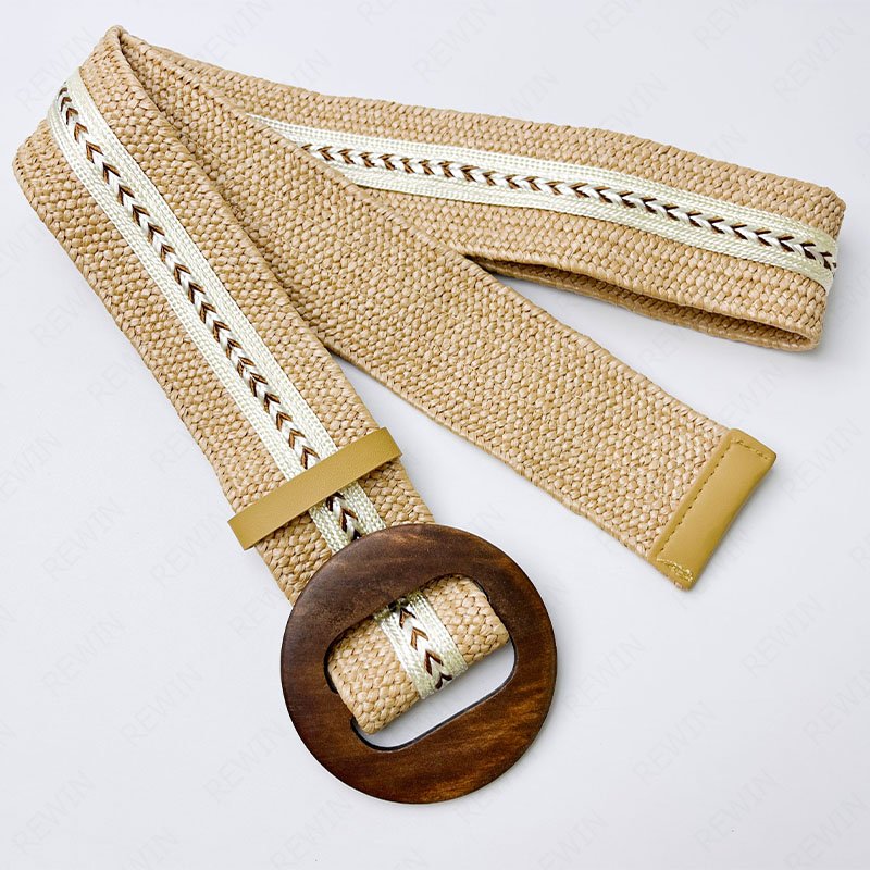 RW Hot Sale Personalized Blue Canvas Color Match Straw Belt Round Wooden Buckle Straw Braided Waist Dress Elastic Belt Woman