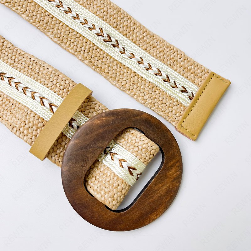 RW Hot Sale Personalized Blue Canvas Color Match Straw Belt Round Wooden Buckle Straw Braided Waist Dress Elastic Belt Woman