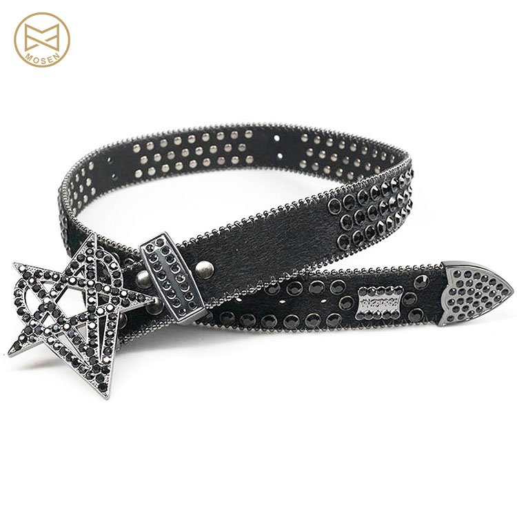Kpop Rockstar Custom Leather Belt Silver Metal Big Letter Rhinestone Buckle for Woman