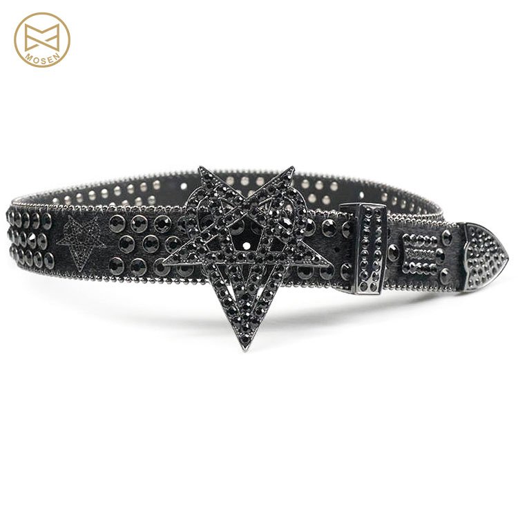 Kpop Rockstar Custom Leather Belt Silver Metal Big Letter Rhinestone Buckle for Woman