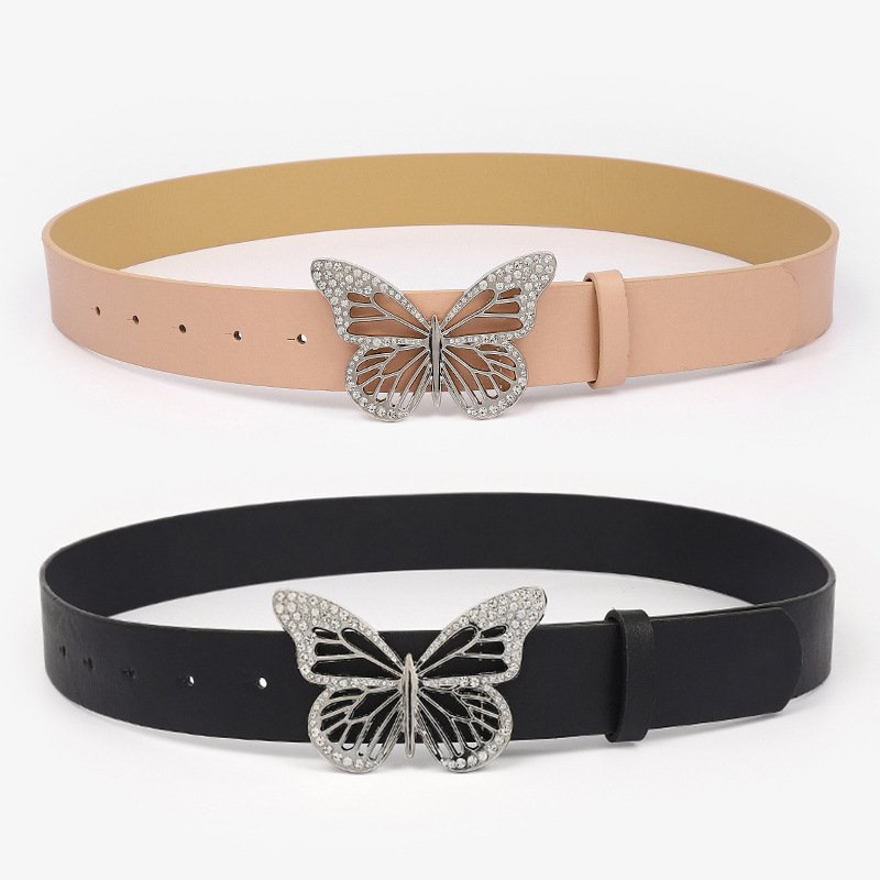 Wholesale PU Leather Vintage Alloy Butterfly Buckle Belts Girl's Rhinestone Crystal Punk Belt Fashion Women's Dresses Decoration