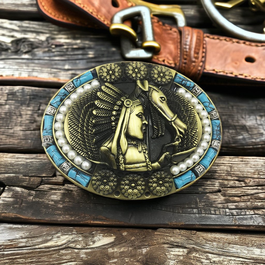Customized Men's Denim Belt Buckle Western Zinc Alloy with Turquoise Flat Buckle Smooth Design