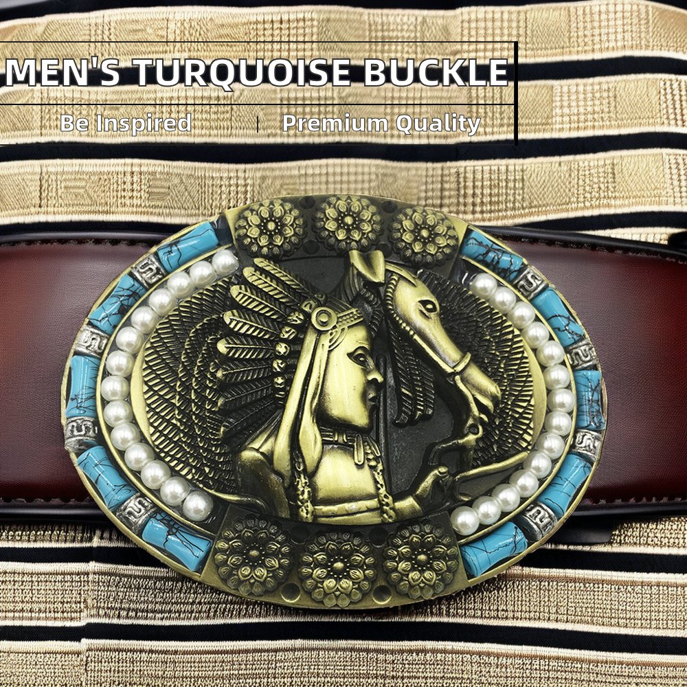 Customized Men's Denim Belt Buckle Western Zinc Alloy with Turquoise Flat Buckle Smooth Design