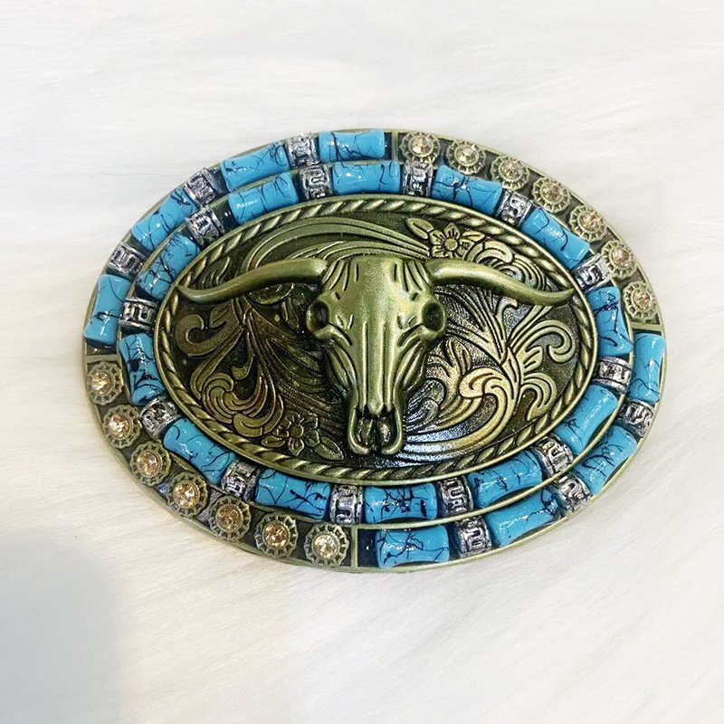 Customized Men's Denim Belt Buckle Western Zinc Alloy with Turquoise Flat Buckle Smooth Design