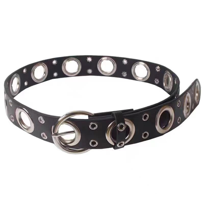Spot wholesale men's leather belt black and brown designer round hole buckle punk G belt