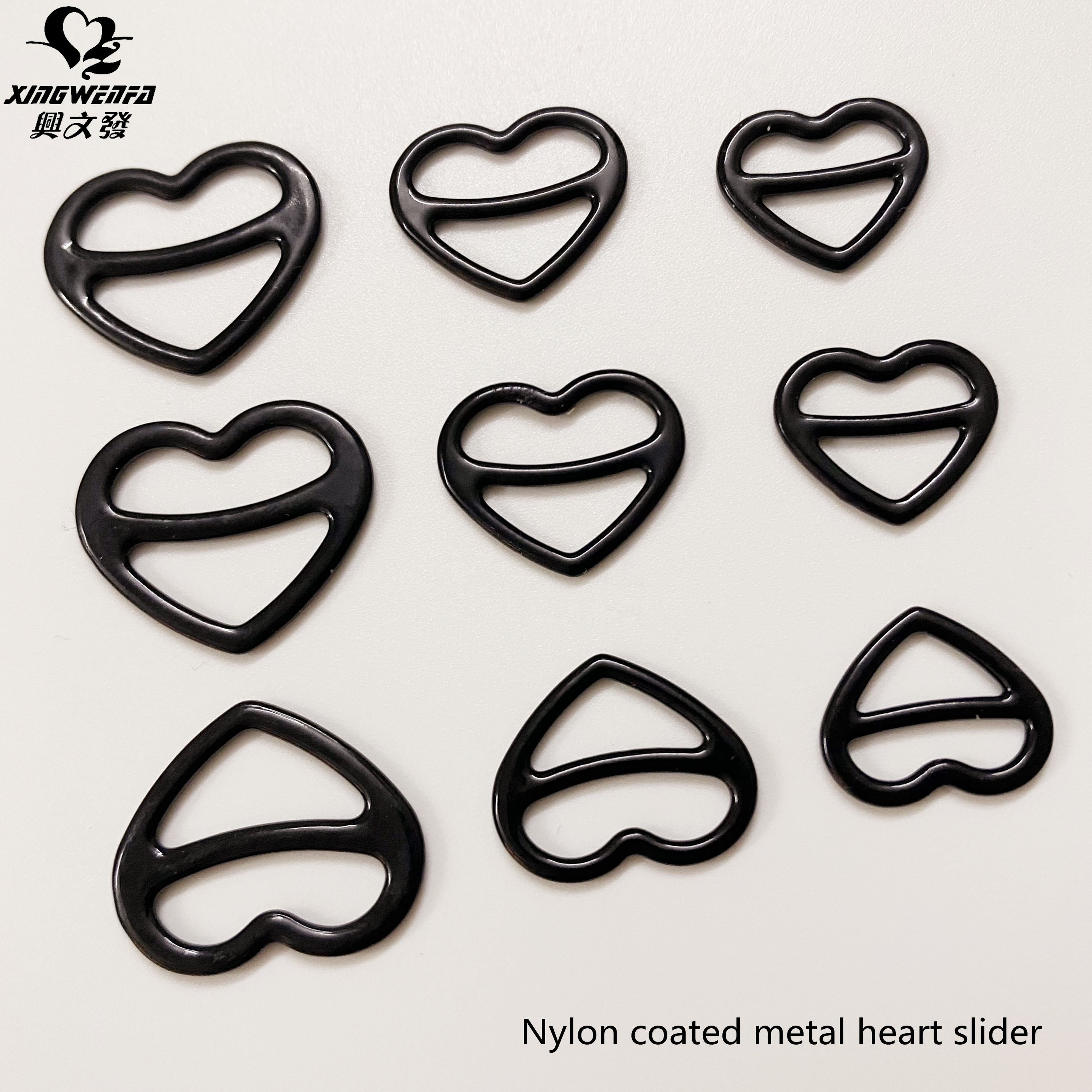 Bra accessories Nylon coated black metal heart adjuster buckle bra strap metal heart shape adjuster sliders