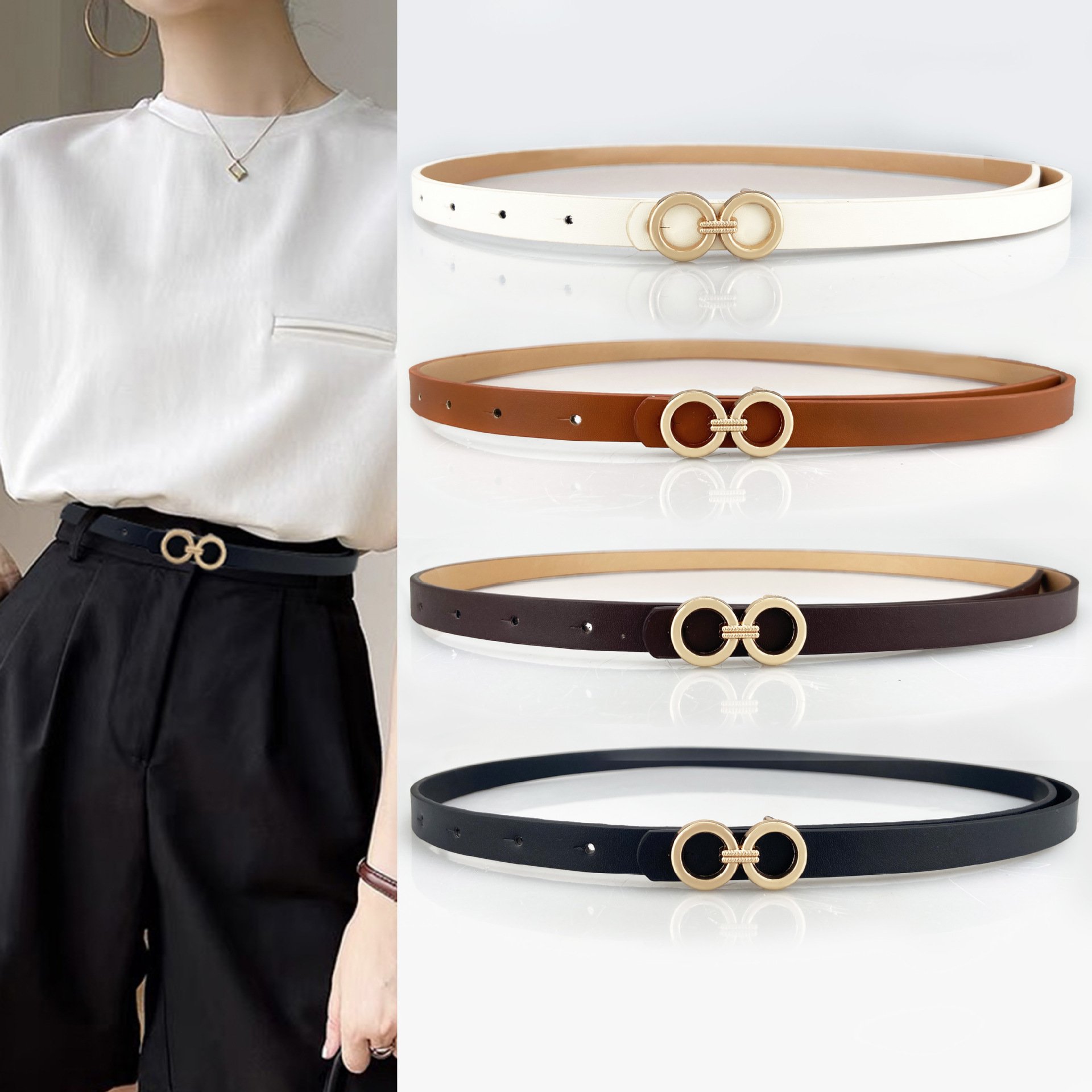 Factory Fashion New Double Circle Alloy Buckle Pu Leather Versatile Simple Women's Belt