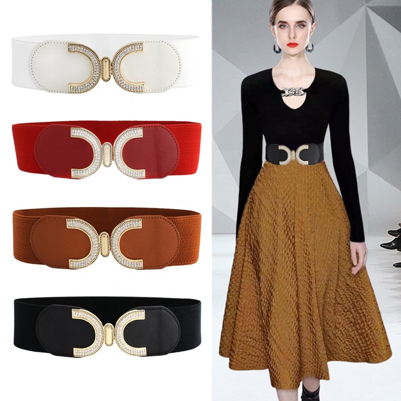 Sweet Beauty Ladies Inlaid Rhinestone Wide Elastic Belt Slim Corset Double C Buckle Belt