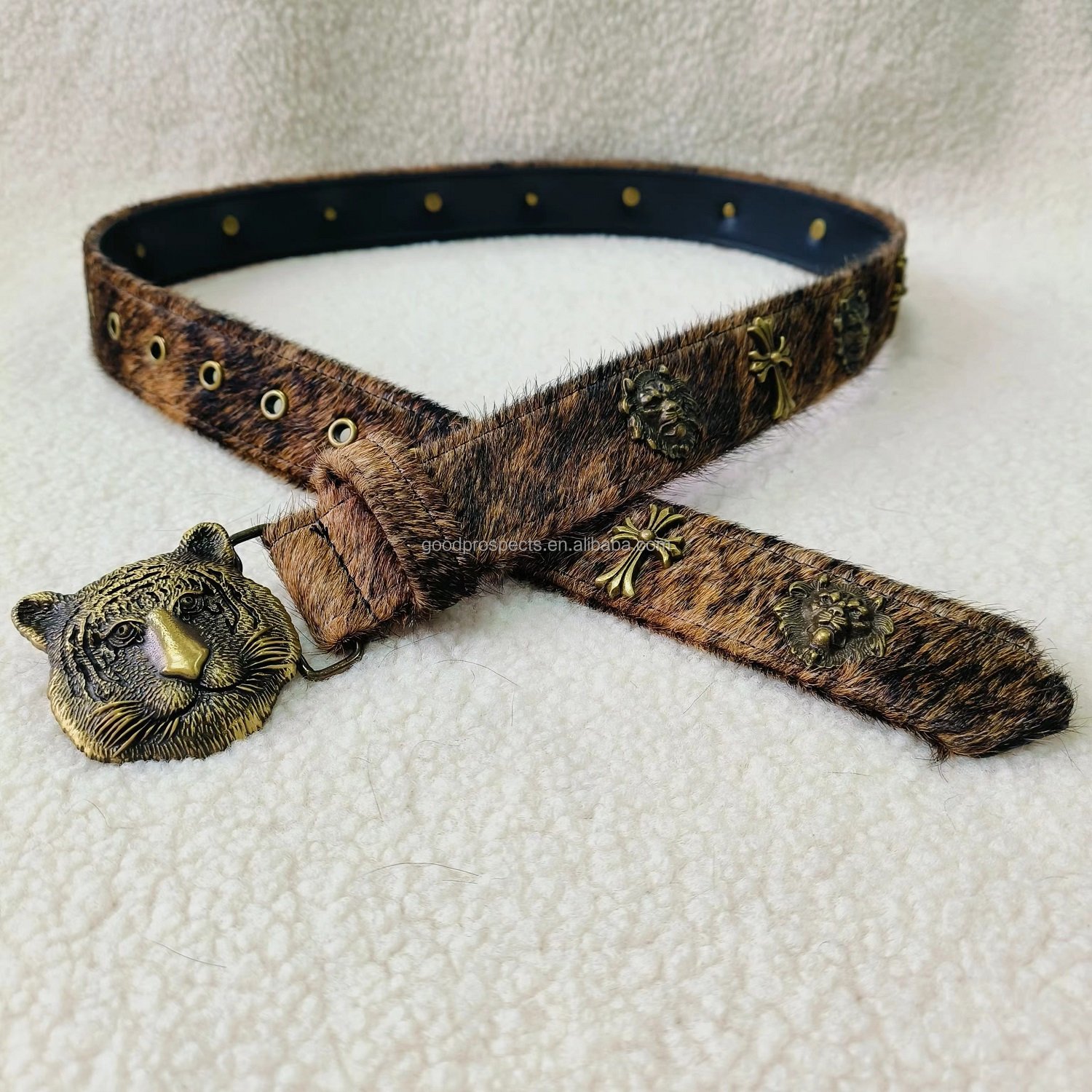 Western style brown horse hair leather belt for men tiger brass buckle and Punk rivet brass eyelets backside cowhide leather
