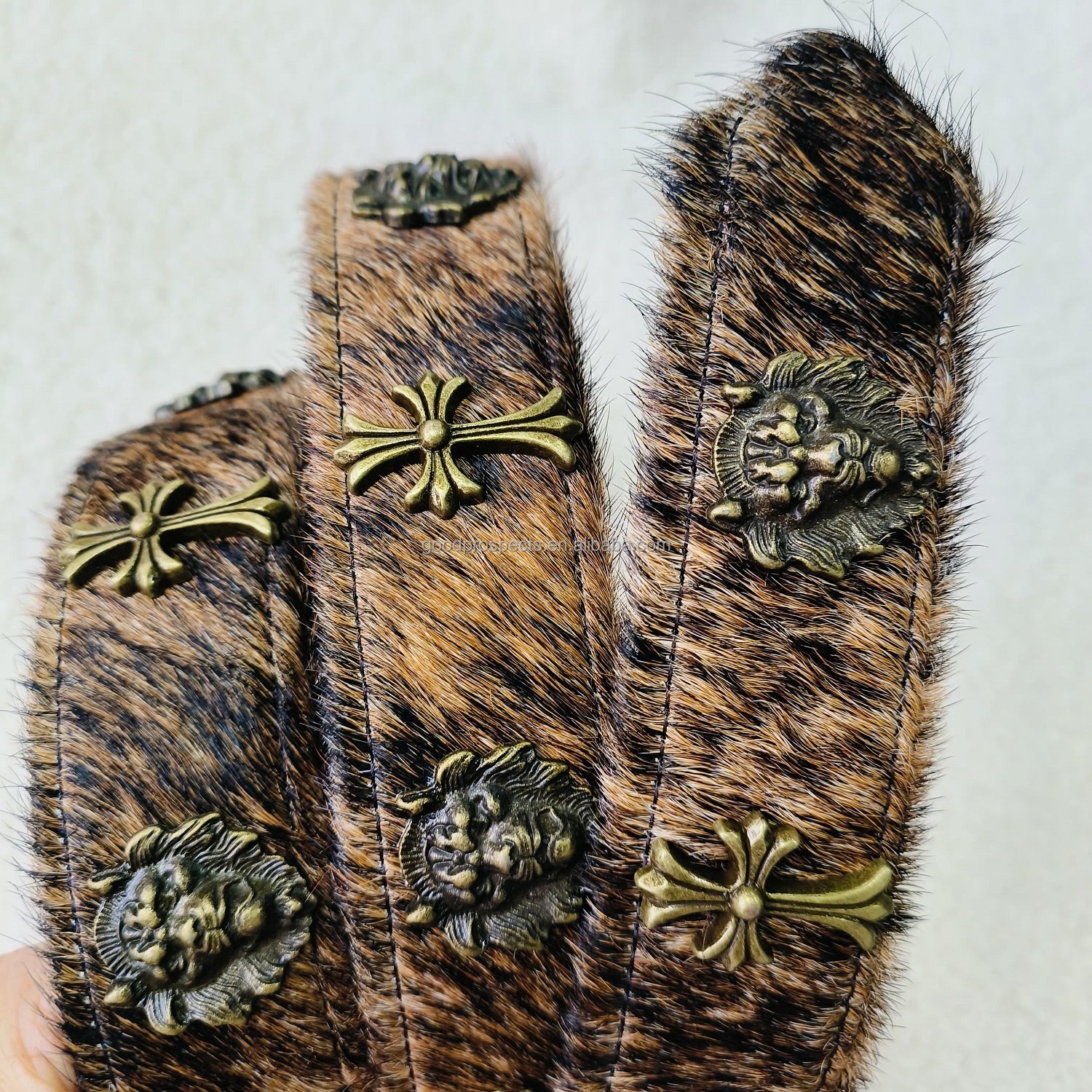 Western style brown horse hair leather belt for men tiger brass buckle and Punk rivet brass eyelets backside cowhide leather