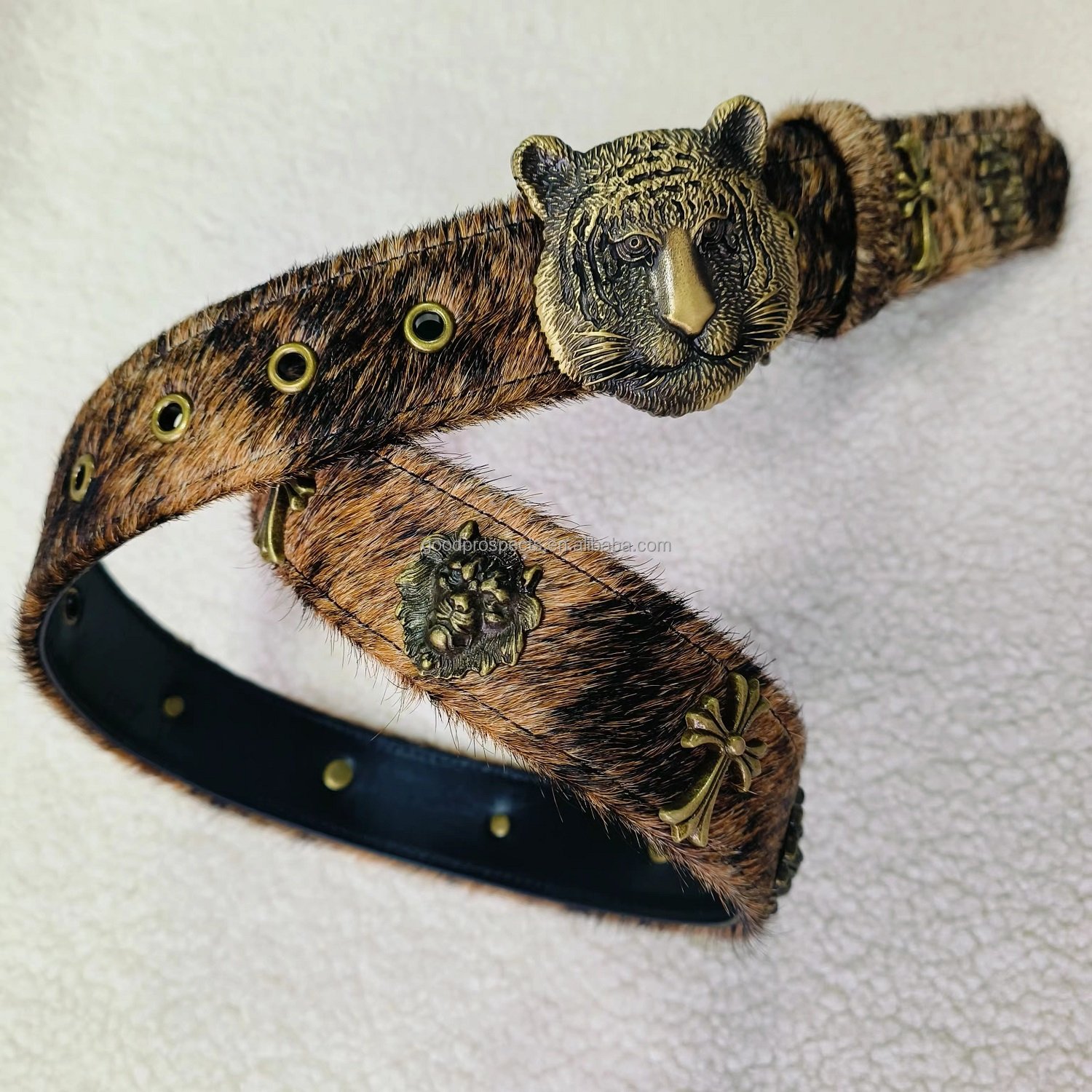 Western style brown horse hair leather belt for men tiger brass buckle and Punk rivet brass eyelets backside cowhide leather