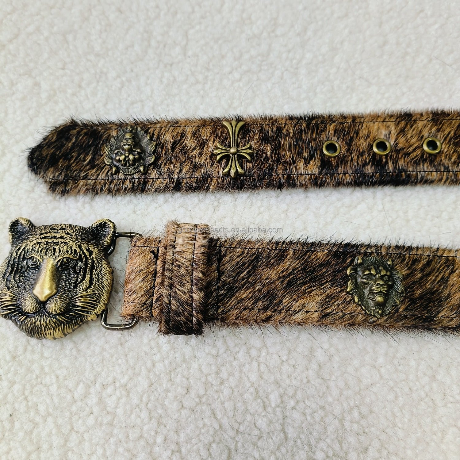 Western style brown horse hair leather belt for men tiger brass buckle and Punk rivet brass eyelets backside cowhide leather