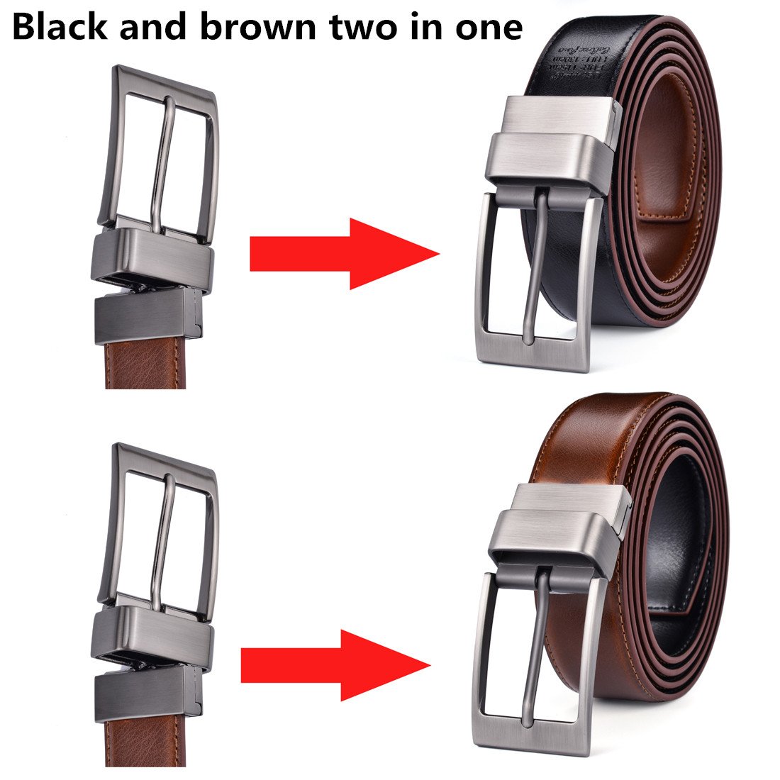 Belt Dress Leather for Man 3.2CM Brown and Black Reversible Genuine Leather Belts for Men with Rotated Buckle