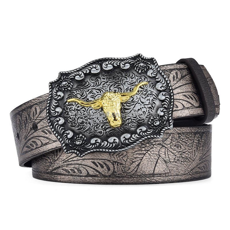 Hot sale Customised American Western Denim Vintage Carved Buckle Belt Brown Embossed Pu Leather Belt