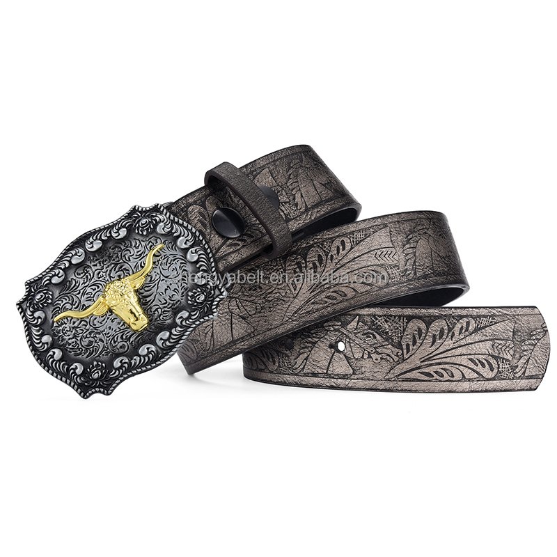 Hot sale Customised American Western Denim Vintage Carved Buckle Belt Brown Embossed Pu Leather Belt