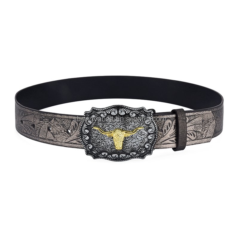 Hot sale Customised American Western Denim Vintage Carved Buckle Belt Brown Embossed Pu Leather Belt