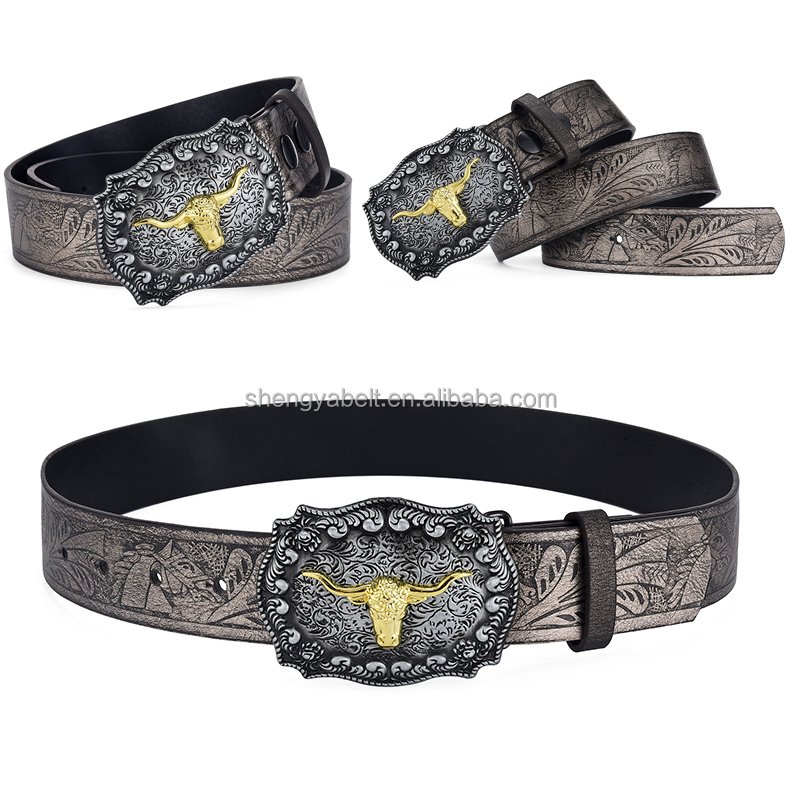 Hot sale Customised American Western Denim Vintage Carved Buckle Belt Brown Embossed Pu Leather Belt