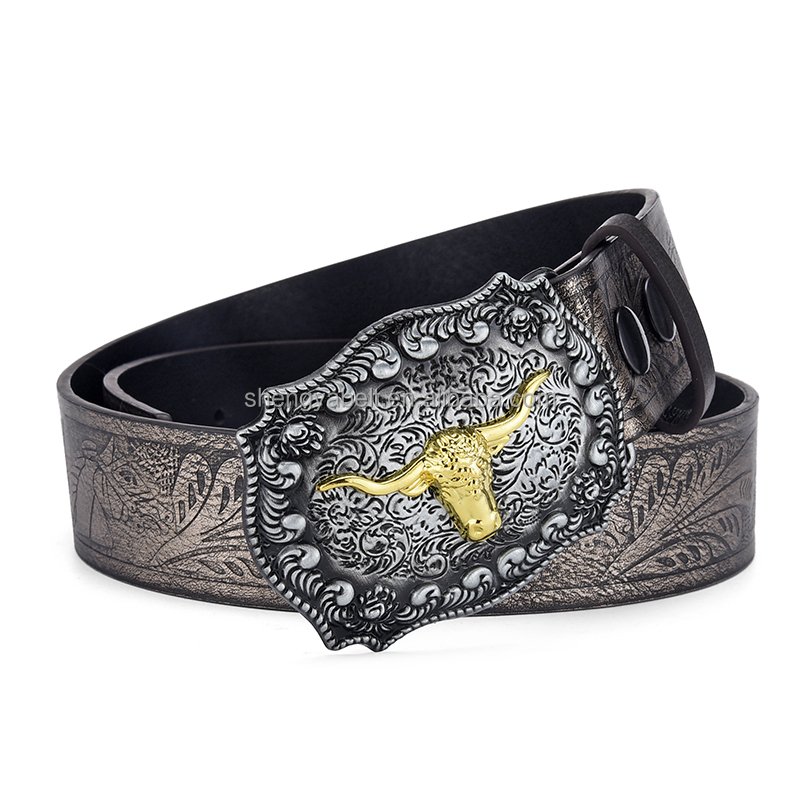 Hot sale Customised American Western Denim Vintage Carved Buckle Belt Brown Embossed Pu Leather Belt