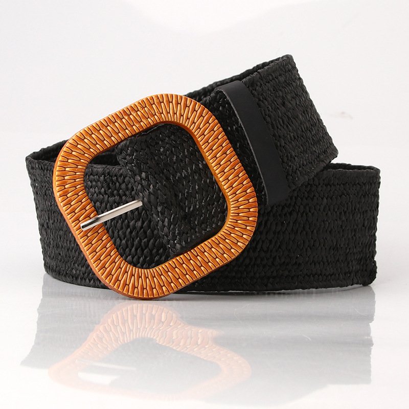 New Faux Straw Braided Ladies Elastic Belt Personal Plastic Buckle Dress Stretch Waist Seal Straw Woven Elastic Waist Belt