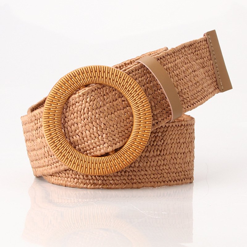 New Faux Straw Braided Ladies Elastic Belt Personal Plastic Buckle Dress Stretch Waist Seal Straw Woven Elastic Waist Belt