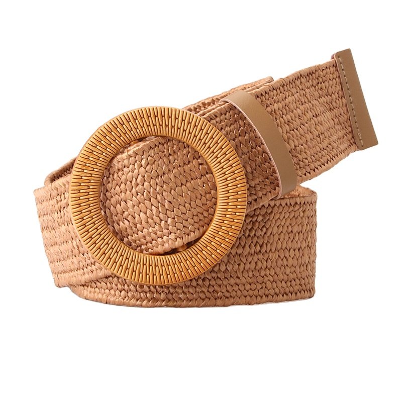 Straw Woven Elastic Stretch Waist Belt Women Skinny Dress Belt Cinch Fashion Round Wooden Buckle Braided Strap Belts