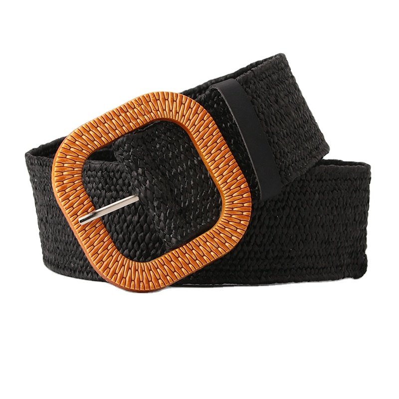 Straw Woven Elastic Stretch Waist Belt Women Skinny Dress Belt Cinch Fashion Round Wooden Buckle Braided Strap Belts