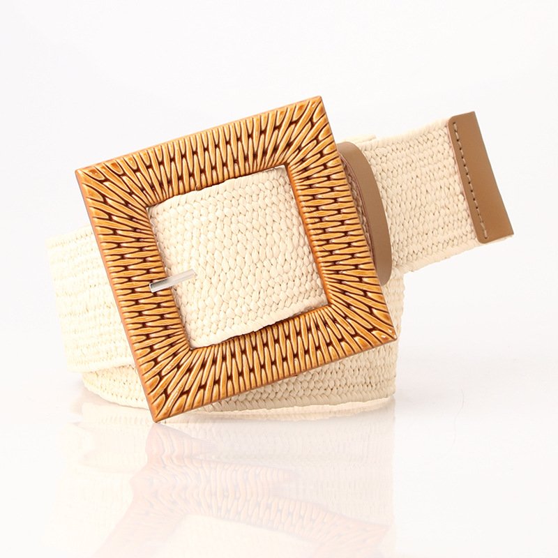 Straw Woven Elastic Stretch Waist Belt Women Skinny Dress Belt Cinch Fashion Round Wooden Buckle Braided Strap Belts