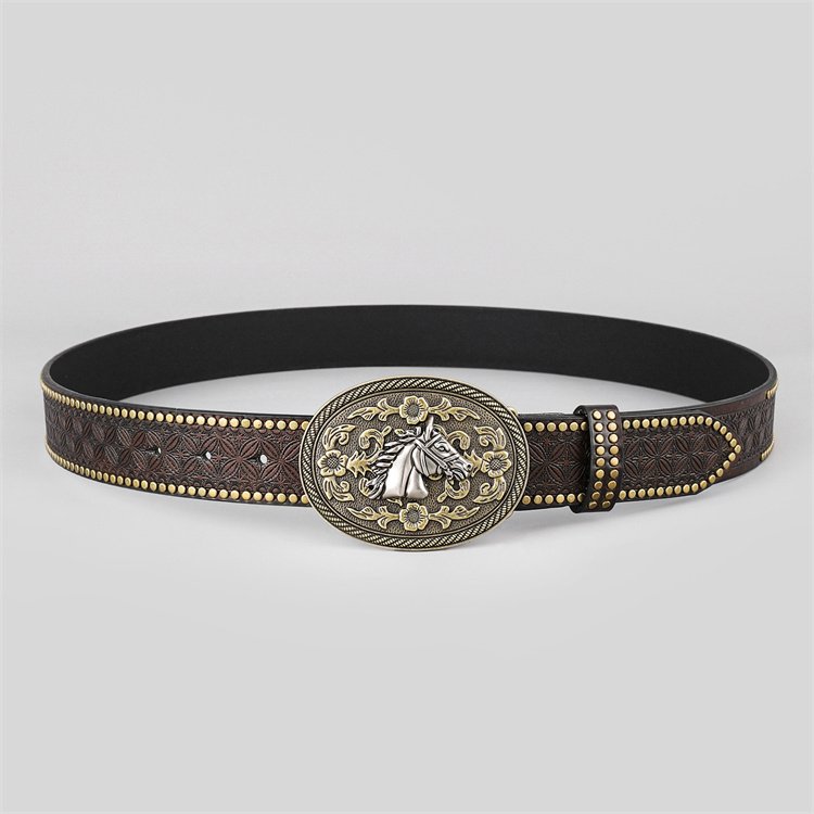 Men's Western embossed Faux leather belts with golden Cowboy Horse Pattern Floral Engraved Buckle Belt