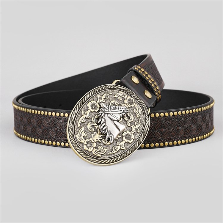 Men's Western embossed Faux leather belts with golden Cowboy Horse Pattern Floral Engraved Buckle Belt