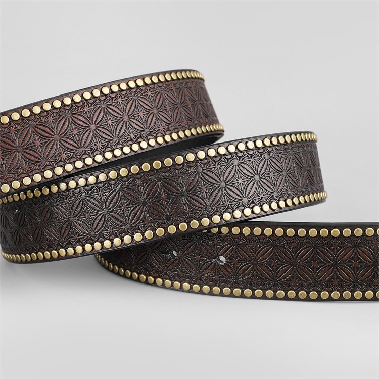 Men's Western embossed Faux leather belts with golden Cowboy Horse Pattern Floral Engraved Buckle Belt