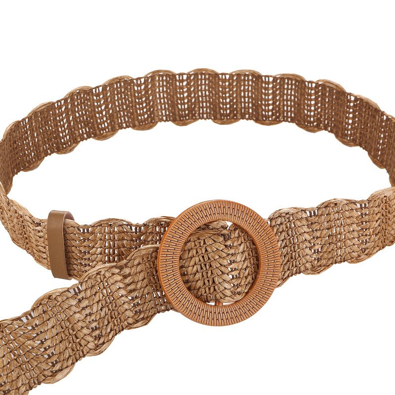 REWIN Boho 4cm Width Women's Round Buckle Khaki PP Straw Waist Belts Skinny Raphia Straw Dress Belt
