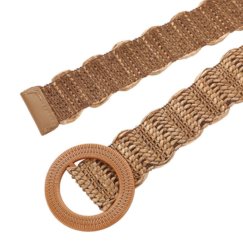 REWIN Boho 4cm Width Women's Round Buckle Khaki PP Straw Waist Belts Skinny Raphia Straw Dress Belt