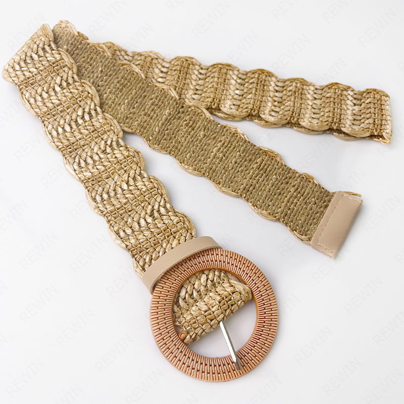 REWIN Boho 4cm Width Women's Round Buckle Khaki PP Straw Waist Belts Skinny Raphia Straw Dress Belt