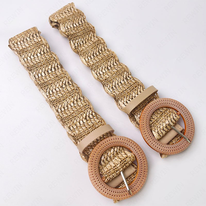 REWIN Boho 4cm Width Women's Round Buckle Khaki PP Straw Waist Belts Skinny Raphia Straw Dress Belt