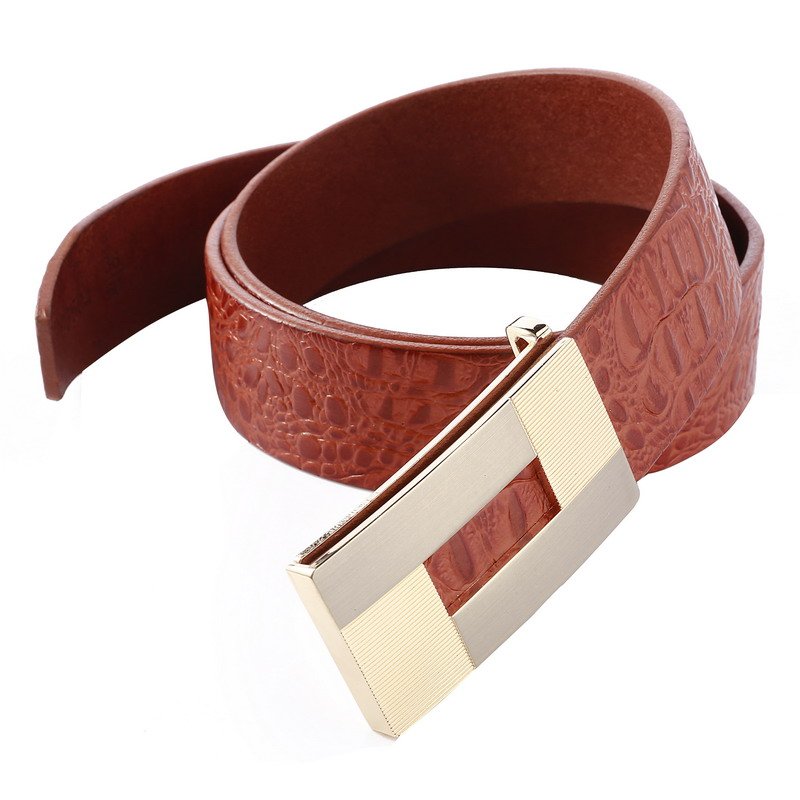 Luxury Premium Quality Stock Brown color Custom plate buckle Pure Full Grain men's belt Crocodile Cow Hide Genuine leather belt
